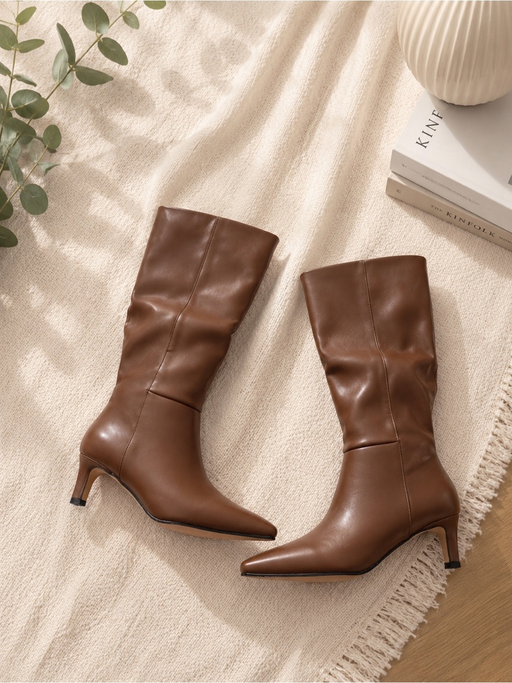 Chestnut Mid-Calf Pointed-Toe Kitten Heel Boots